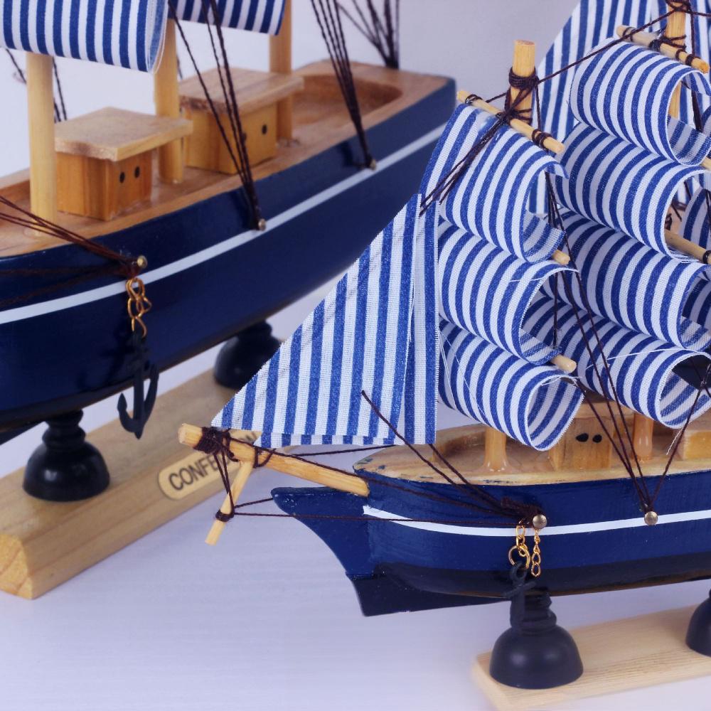 20 cm Mediterranean blue gingham wooden sailboat ornament