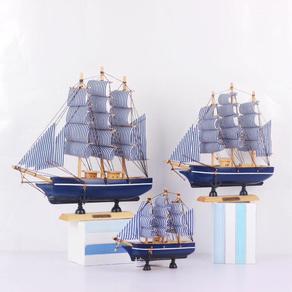 20 cm Mediterranean blue gingham wooden sailboat ornament