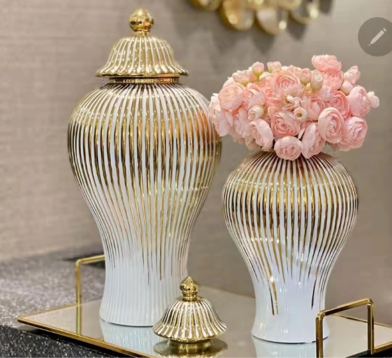 Ceramic vase with gold pattern, light, luxury, ornaments